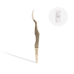 Gold-colored eyelash extension tool with 'Moxie' branding on a white background